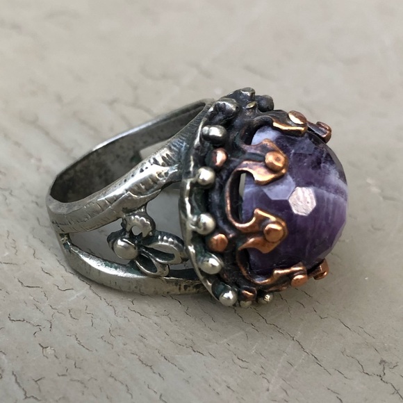 Amethyst Gothic Medieval Witchy Boho Mixed Metal Artisan Statement Ring OOAK